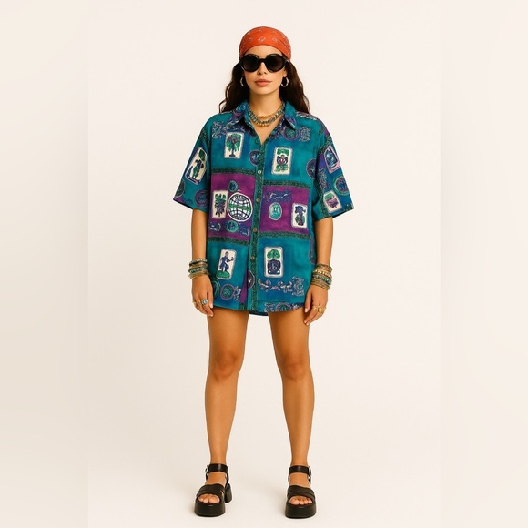 COMO Studio Vintage Artsy Hippie Tarot Print Shirt Teal Purple Rayon Size 6 - Picture 3 of 16
